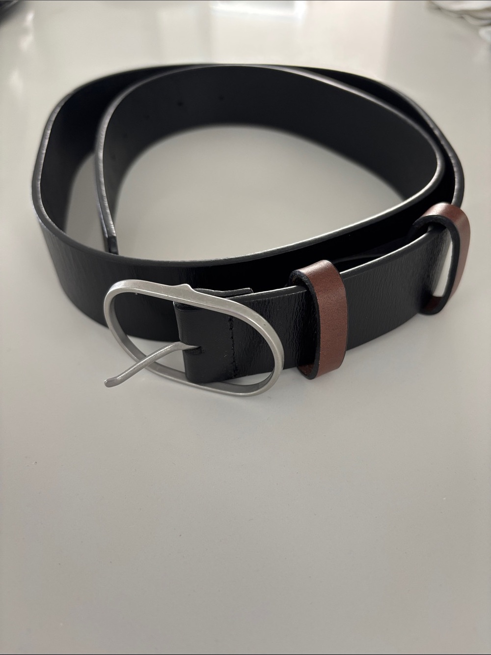 Eddie Bauer Men's Black Leather Belt with Brown Loop and Silver Buckle